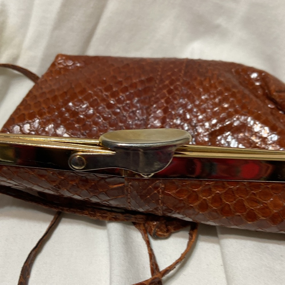 Vintage Small Dark Brown Snake Skin Evening Purse W/Thin Strap Metal hardware - Picture 10 of 12